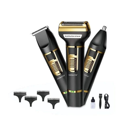 Sokany Rechargeable 3-in-1 Shaver with Attachments, Dry, Black and Gold - SK-9942