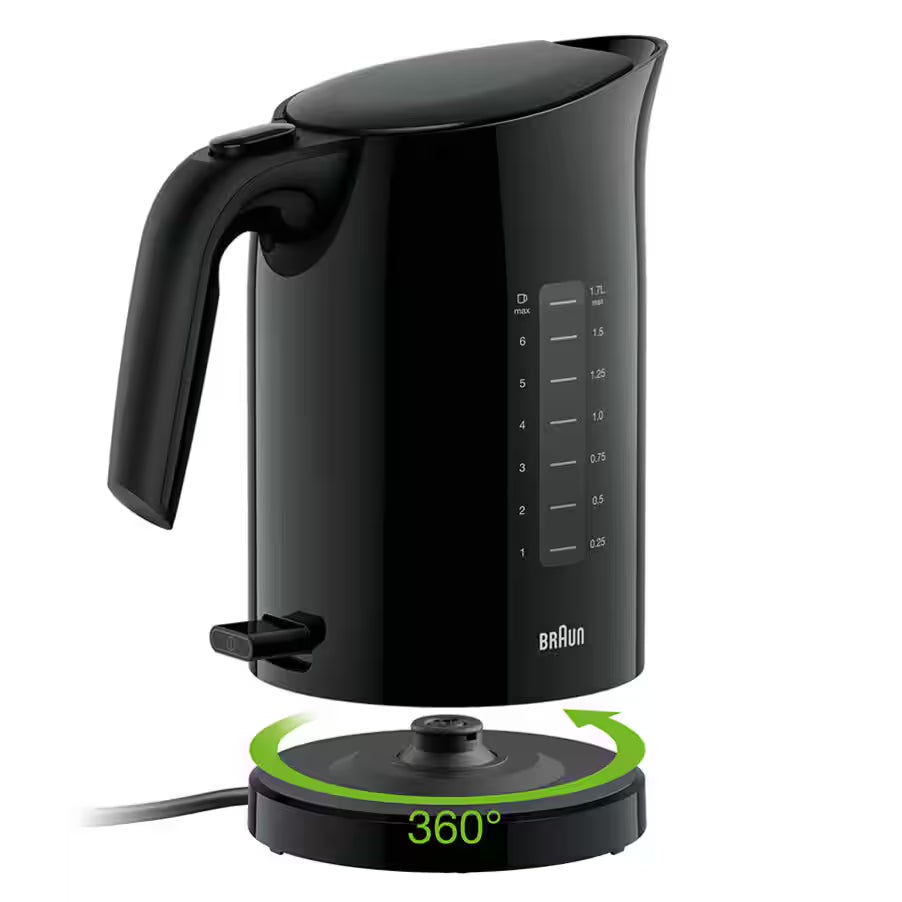 Braun PurEase Electric Kettle, 2200 Watt, 1.7 Liters, Black - WK3100BK