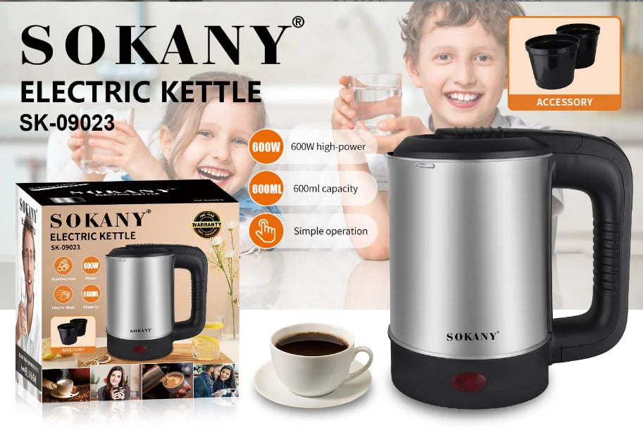 Sokany Electric Kettle, 600ml, 600 Watt, Stainless Steel - SK-09023