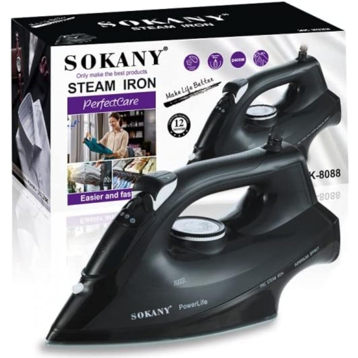 Sokany PowerLife Steam Iron, 2400W, Black - SK-8088