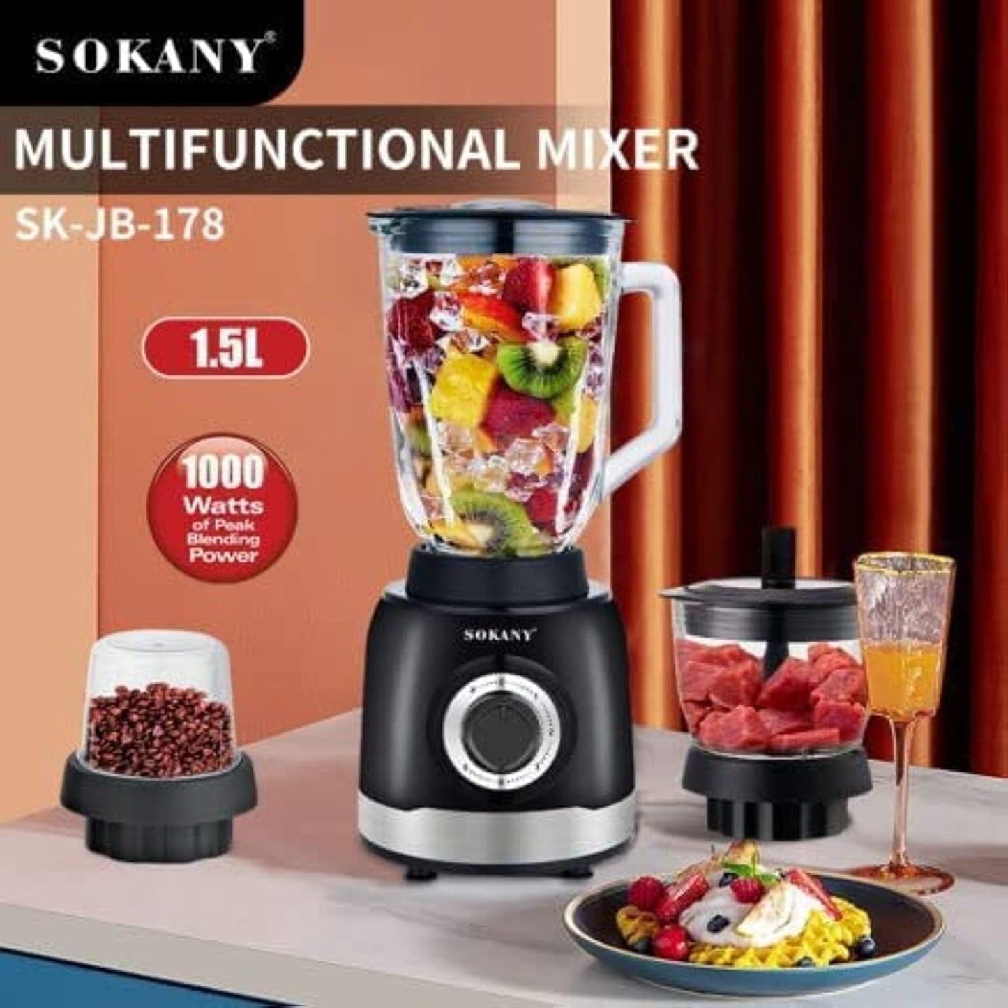 Sokany Blender 1*3 1000 Watt 1.5 Liter - SK-178