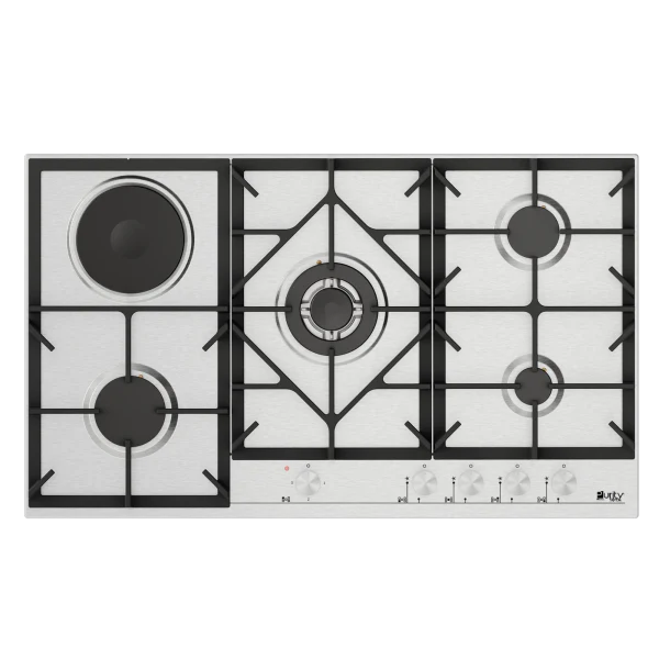 Purity Built In 4 Gas Burner + 1 Electric Burner Heavy Duty Hob, 90 cm, 5 Burners, Silver - HPT909ES
