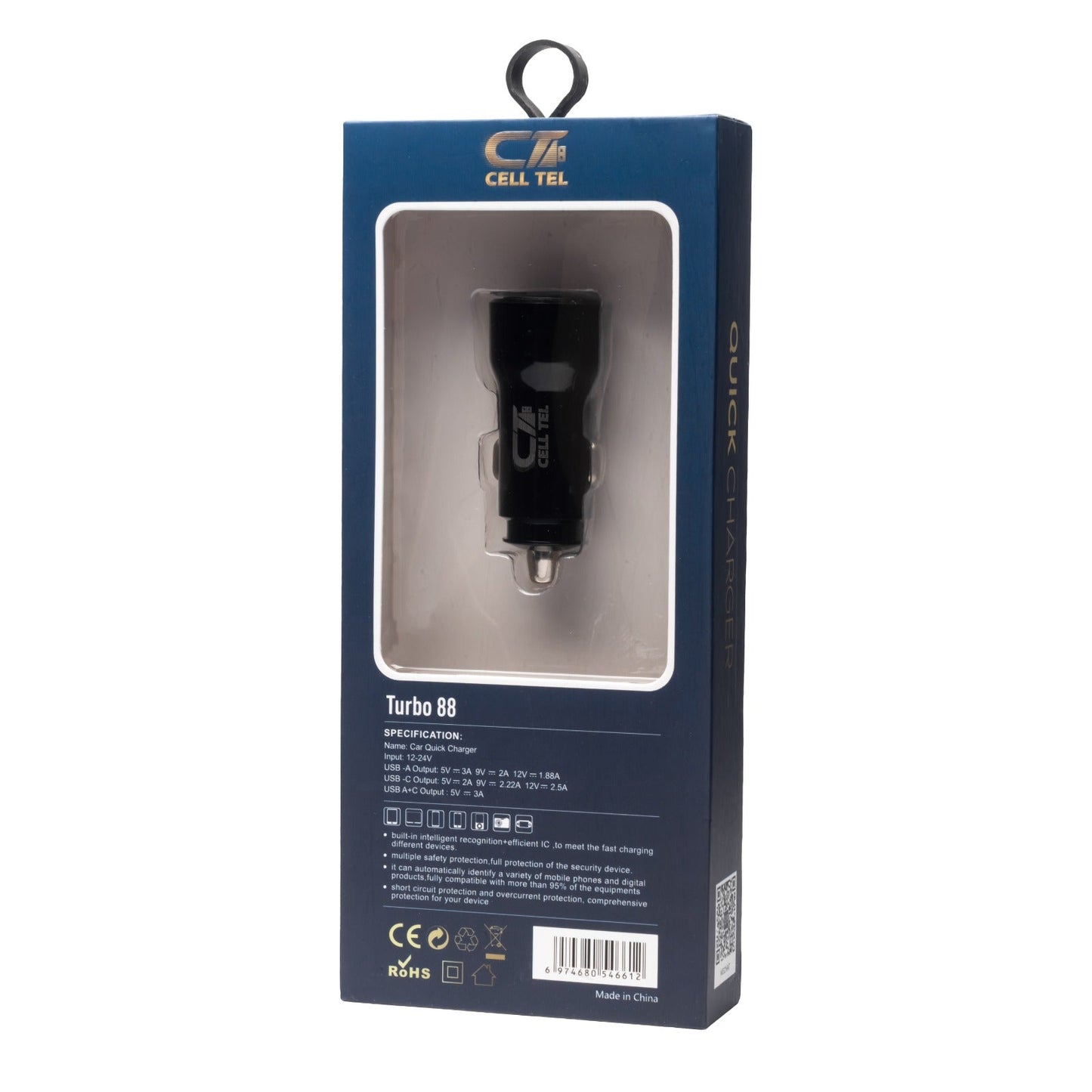 Cell Tel PVC Fast Car Charger, PD+QC3.0, 65W, Black - Turbo 88