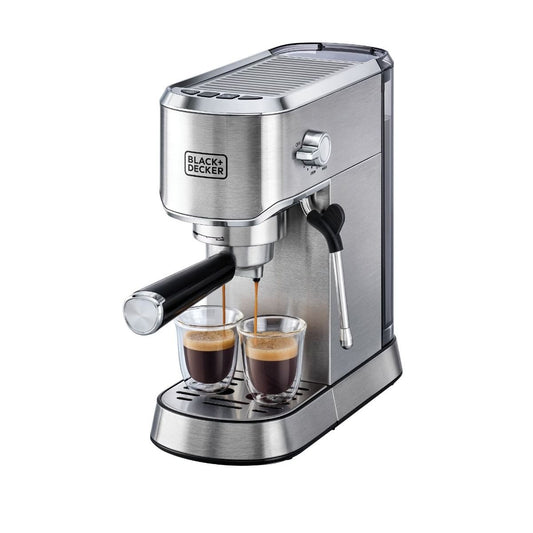 Black+Decker Espresso Machine, 1 Liter, 2 Cups, 1450 Watt, Silver - ECM150