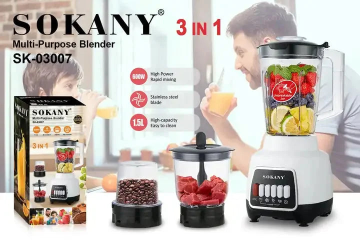 Sokany 3 In 1 Multi-Purpose Blender, 600 W, 1.5 Liters - SK-03007