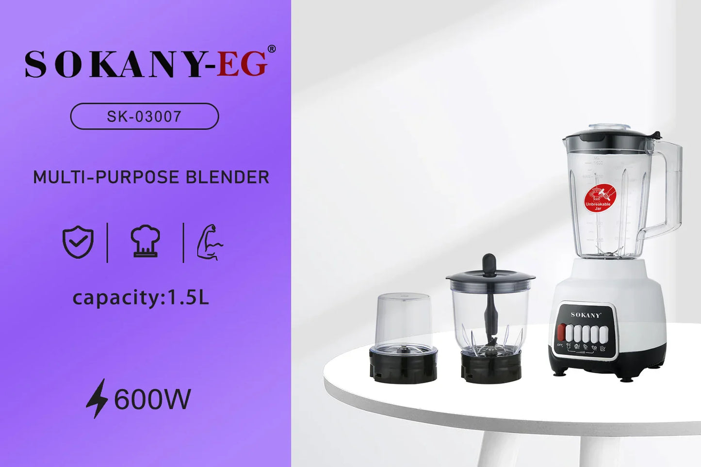 Sokany 3 In 1 Multi-Purpose Blender, 600 W, 1.5 Liters - SK-03007