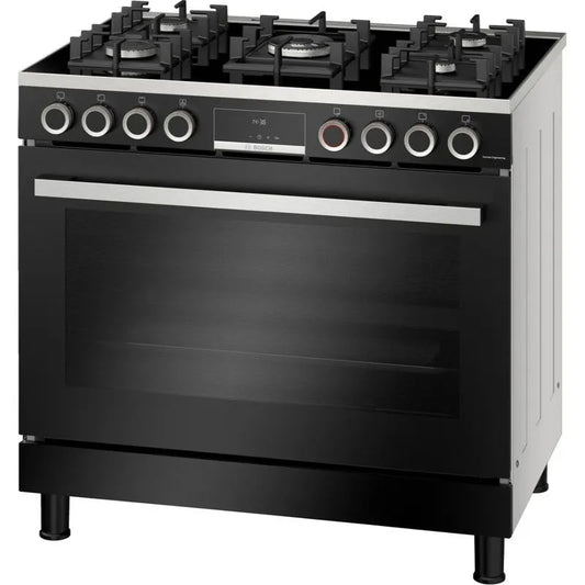 Bosch Series 8 Digital Gas Cooker, 5 Burners, 90 cm, Black - HJY5G7V61S