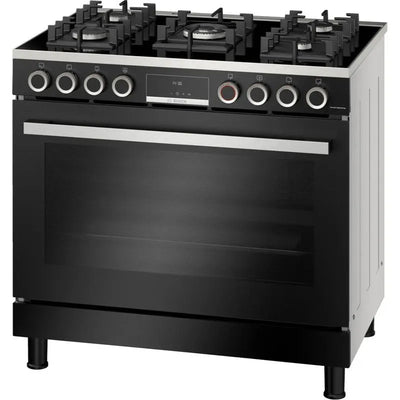 Bosch Series 8 Digital Gas Cooker, 5 Burners, 90 cm, Black - HJY5G7V61S