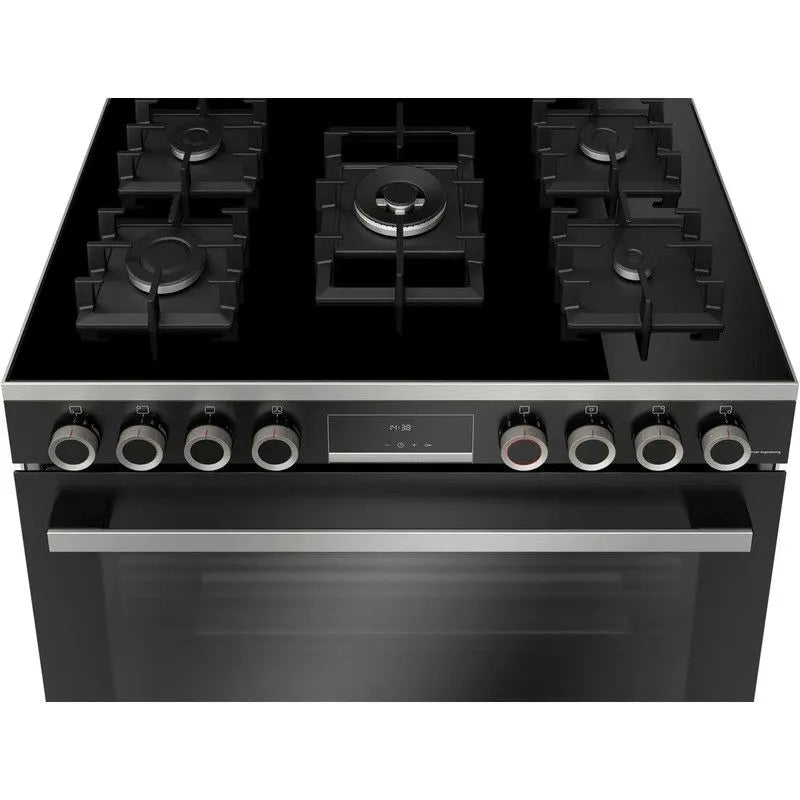 Bosch Series 8 Digital Gas Cooker, 5 Burners, 90 cm, Black - HJY5G7V61S