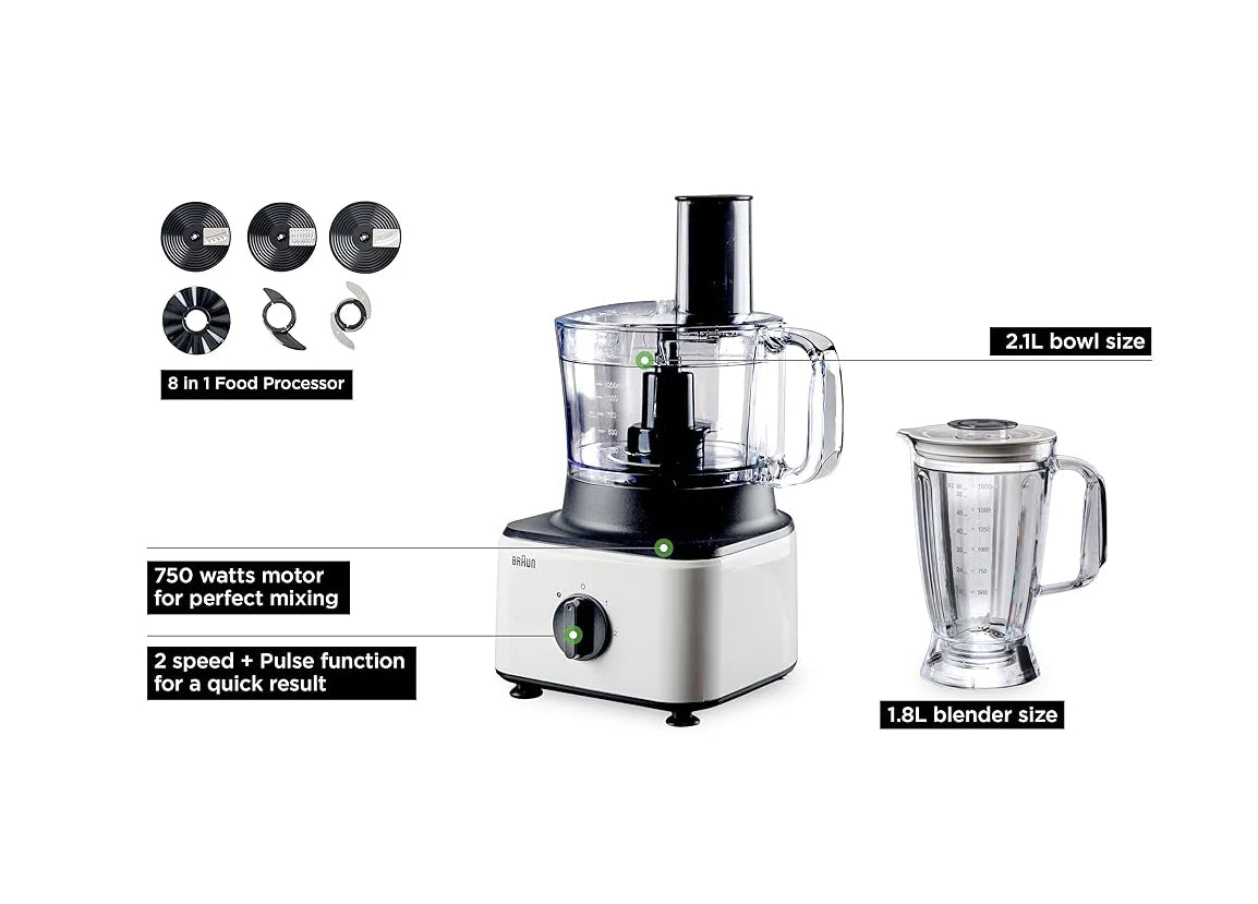 Braun 8 In 1 Food Processor, 8 Functions, 2.1 Liter, 750 Watt, White Black - FP0145WH