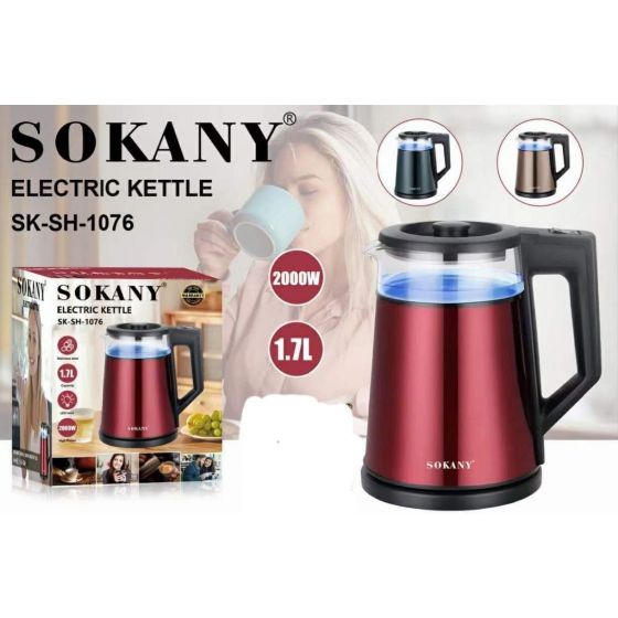 Sokany Electric Kettle, 1.7 Liters, 2000 Watts, Multi Color - SK-1076