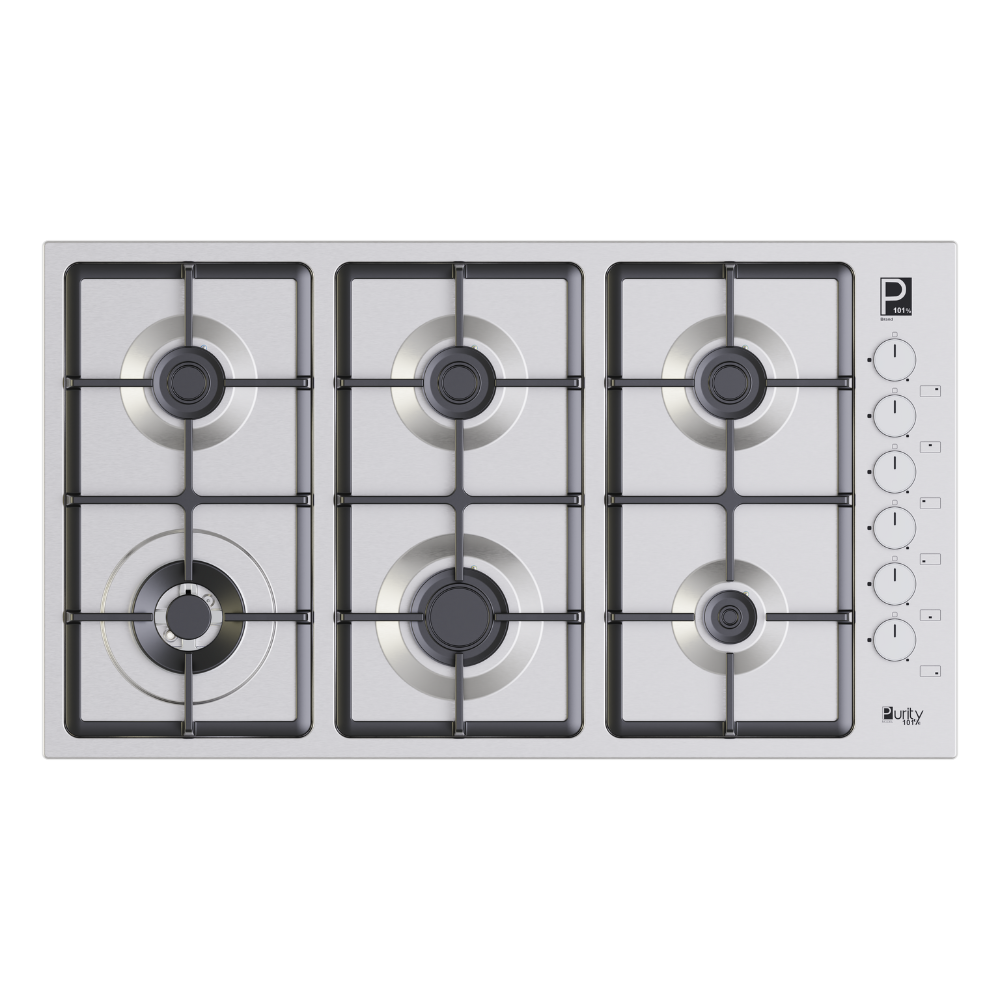 Purity Built In Heavy Duty Grids Gas Hob, 90 cm, 6 Burners, Silver - HPT903S