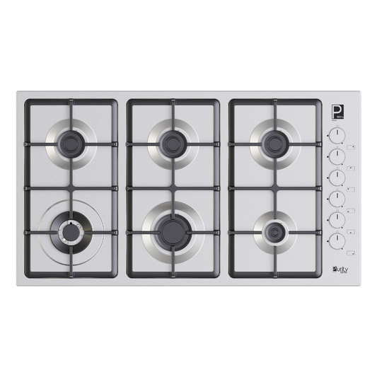 Purity Built In Heavy Duty Grids Gas Hob, 90 cm, 6 Burners, Silver - HPT903S