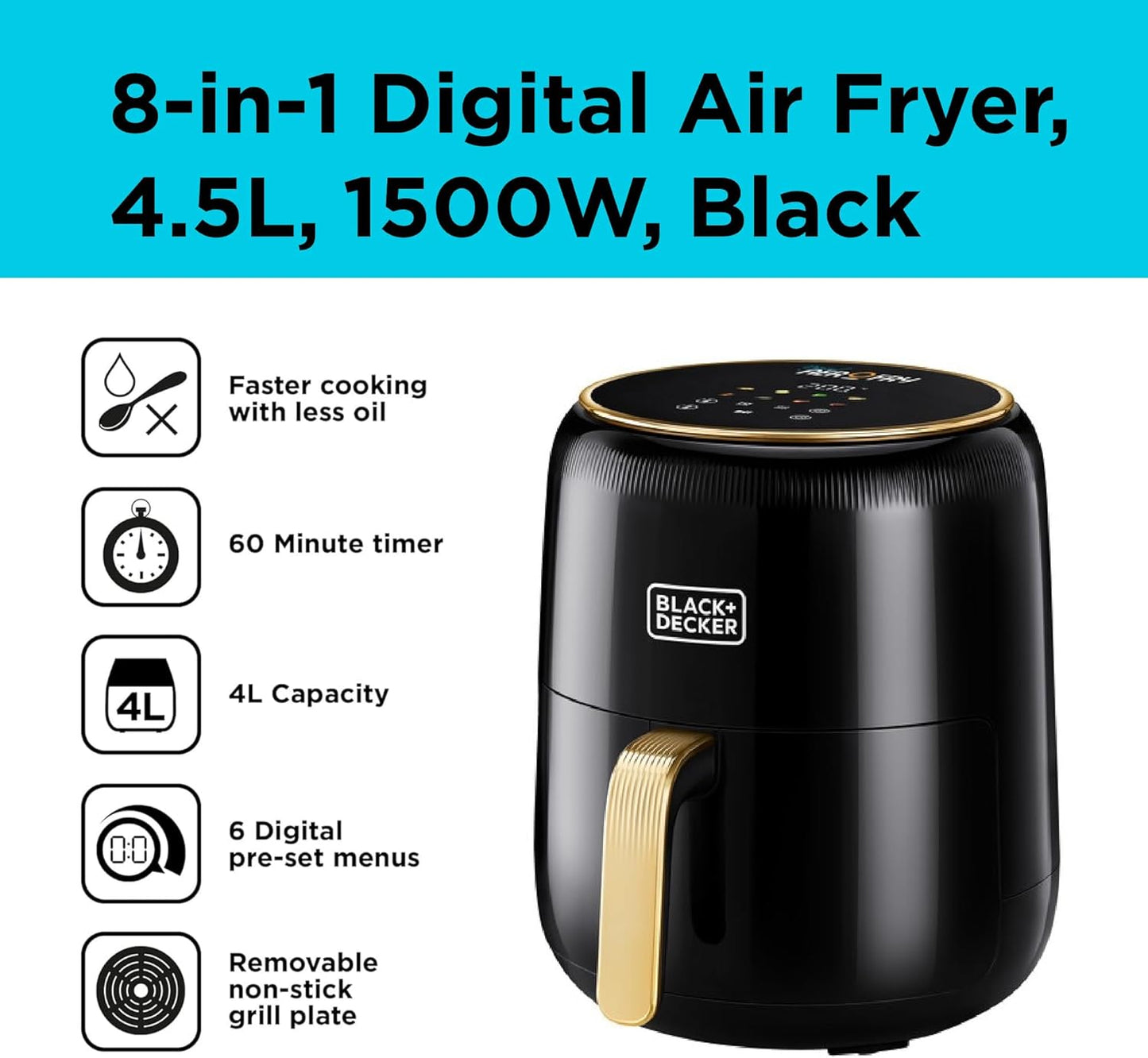 Black+Decker Aerofry Digital Air Fryer, 4.5 Liter, 1500 Watt, Black - AF4510