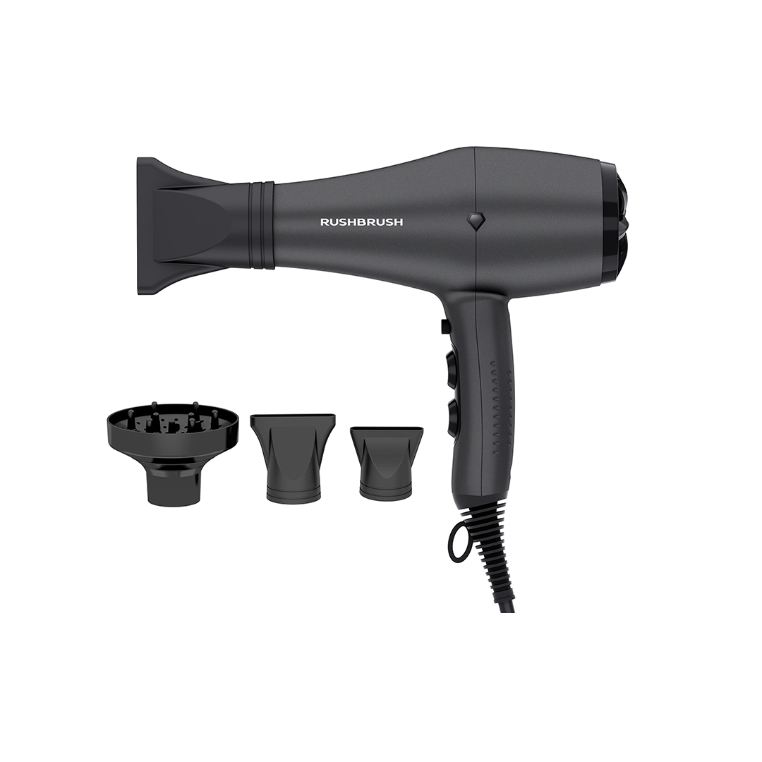 Rush Brush D3 K Hair Dryer with Attachments, 3000 Watt - Black