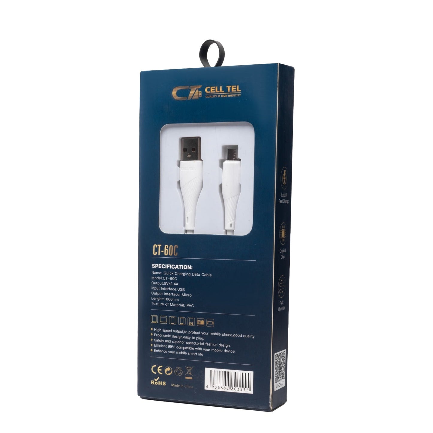 Cell Tel PVC Quick Android Cable, 2.4A, White - CT-60C