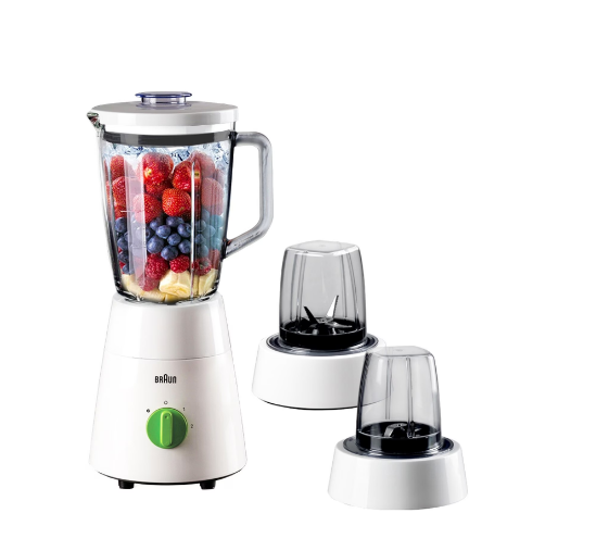 Braun 3 In 1 Jug Blender with Chopper and Grinder, 500 Watt, 1.75 Liters, White - JB0153WH