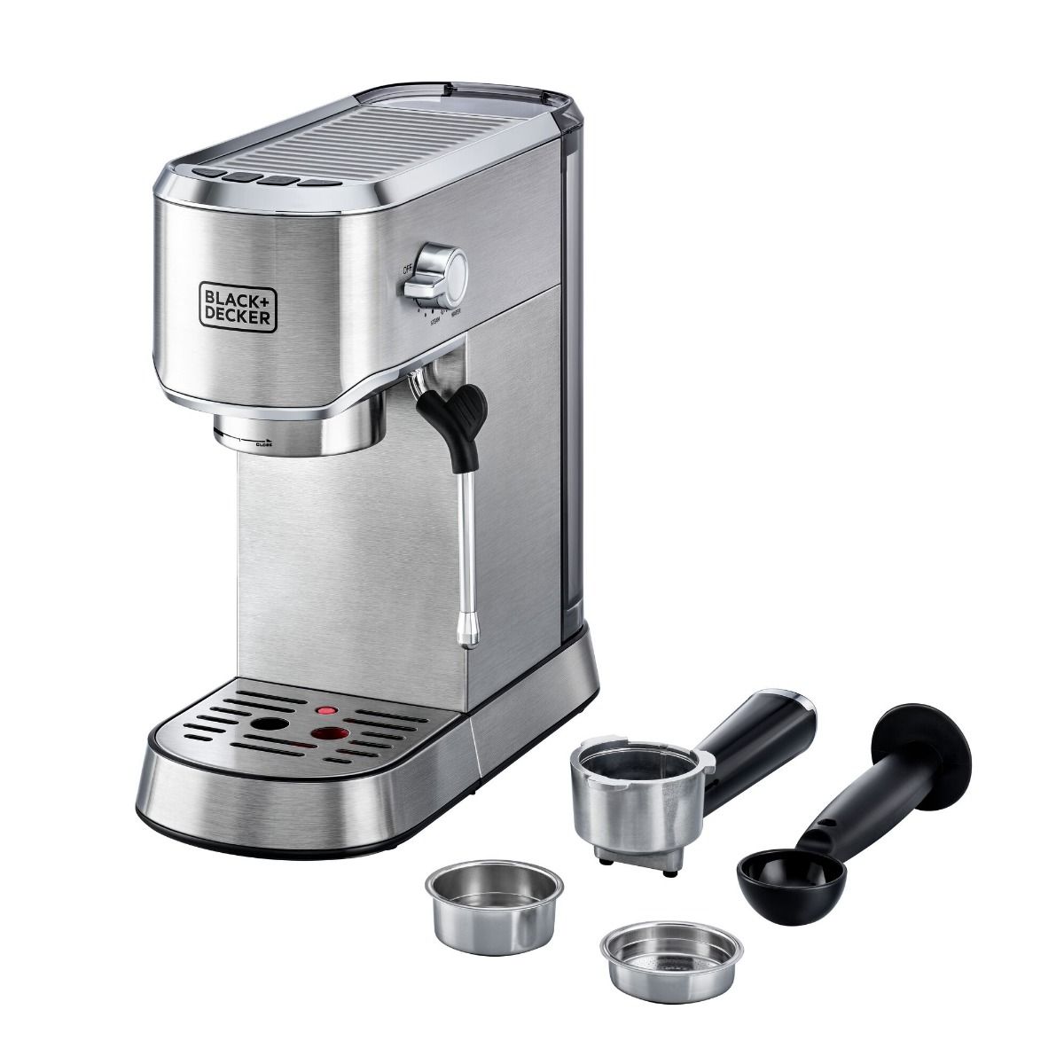 Black+Decker Espresso Machine, 1 Liter, 2 Cups, 1450 Watt, Silver - ECM150