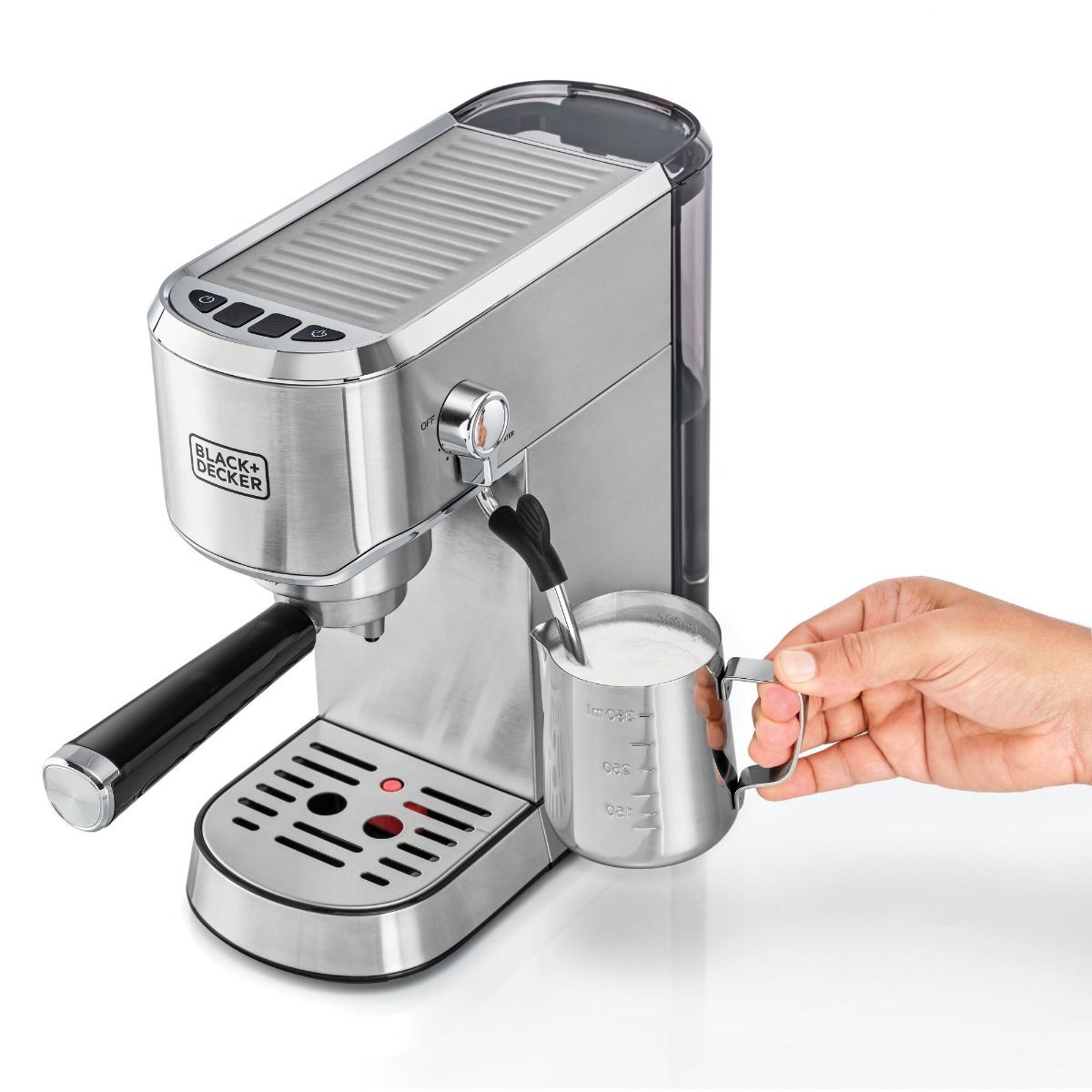 Black+Decker Espresso Machine, 1 Liter, 2 Cups, 1450 Watt, Silver - ECM150