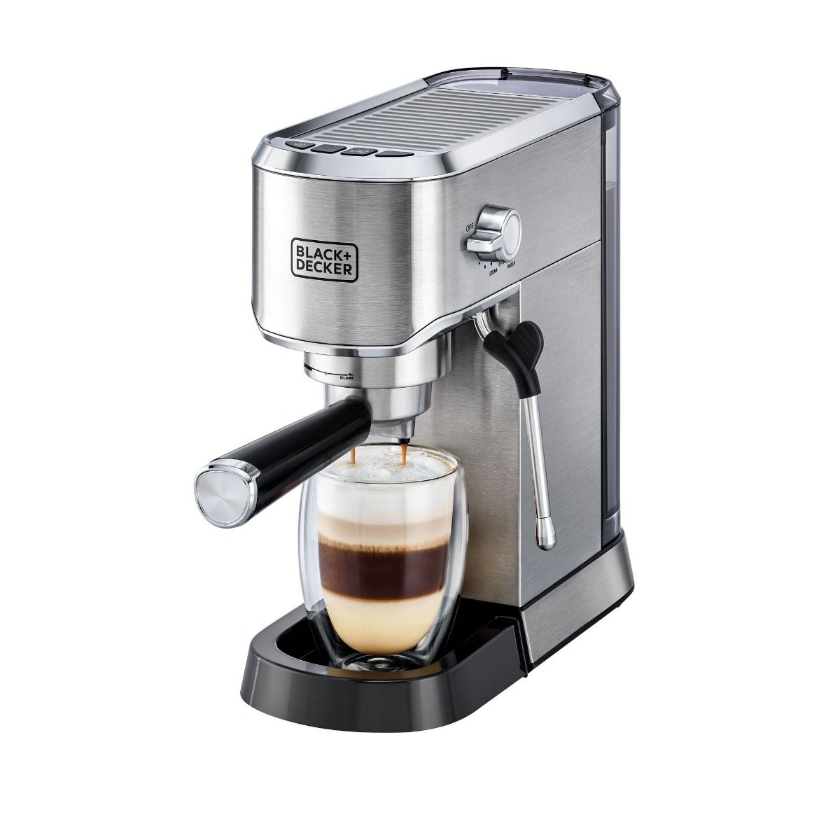 Black+Decker Espresso Machine, 1 Liter, 2 Cups, 1450 Watt, Silver - ECM150