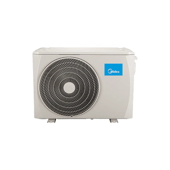 Midea Mission Pro air conditioner outdoor unit with large fan and beige casing